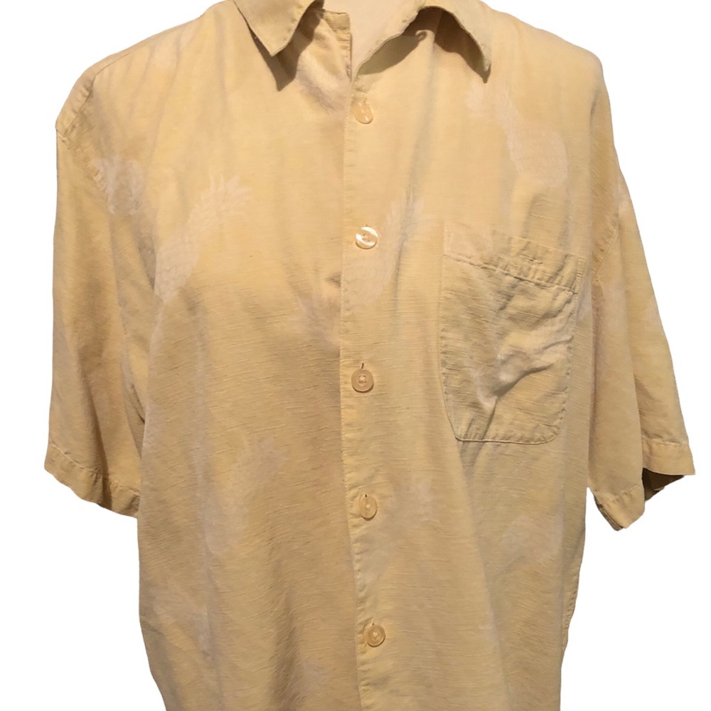 Cafe Havana silk button down shirt sleeve shirt, pineapple imprint throughout